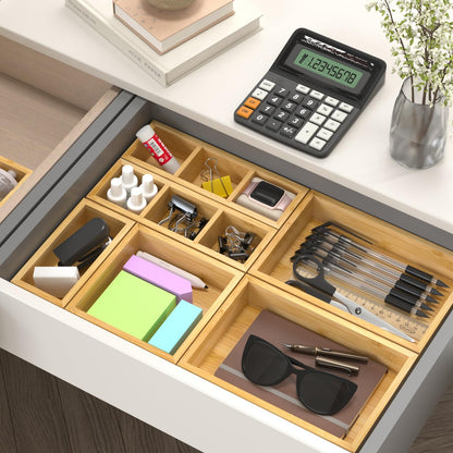 Bamboo Drawer Organizer, Set of 9 Wood Kitchen Junk Tea Desk Office Tray, Wooden Storage Boxes Organizers for Bathroom, Office (2" H 9 Boxes)