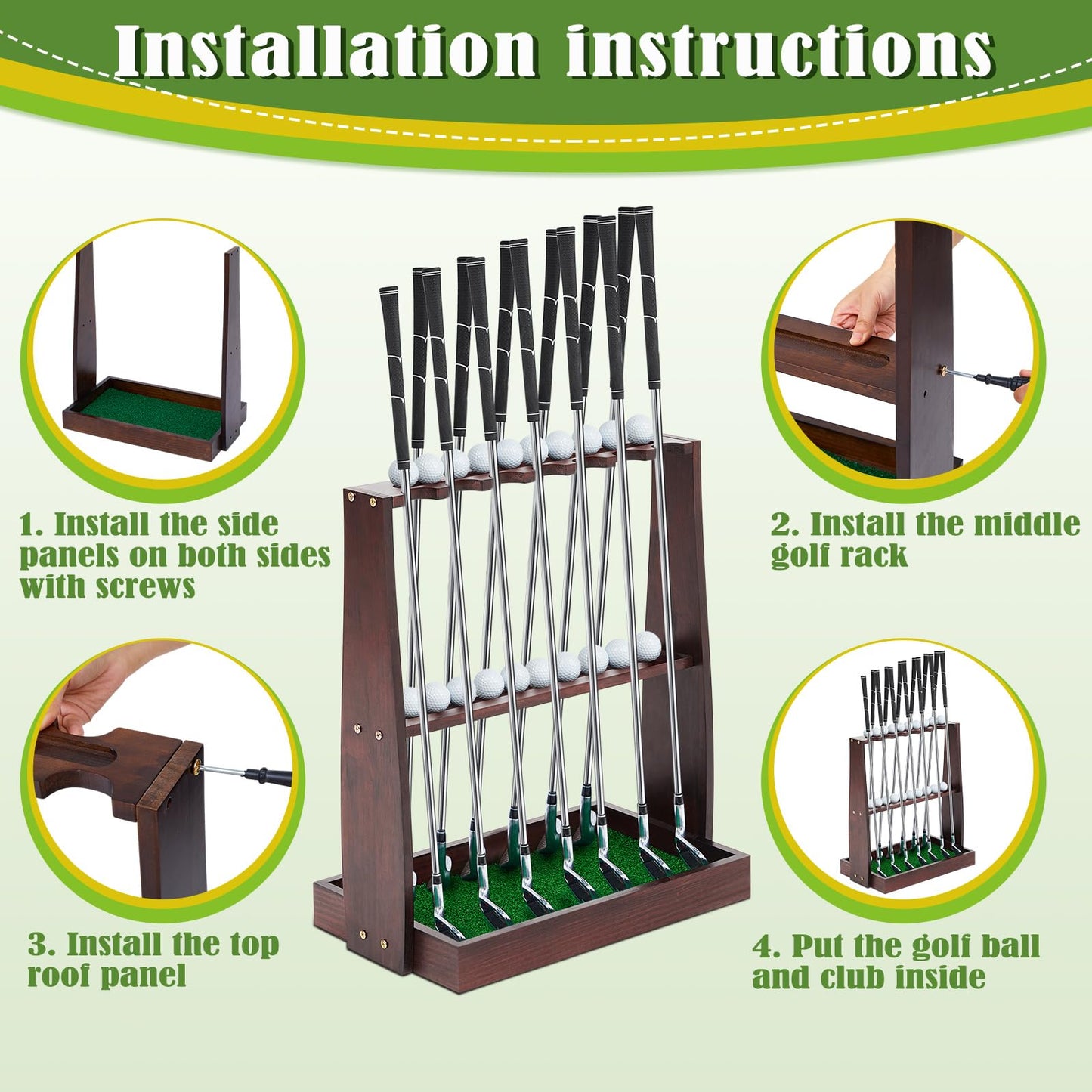 Lenwen Golf Club Rack Wooden Golf Putter Stand Holder Indoor Display Rack Holds 13 Clubs and 20 Golf Balls for Club Home Golf Simulators, Brown
