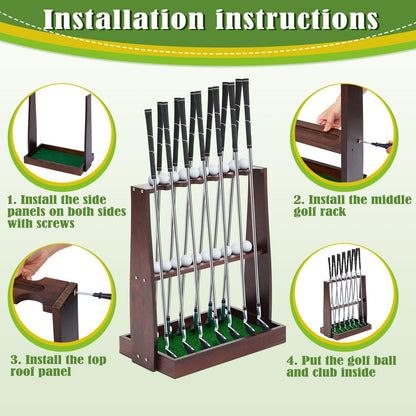 Lenwen Golf Club Rack Wooden Golf Putter Stand Holder Indoor Display Rack Holds 13 Clubs and 20 Golf Balls for Club Home Golf Simulators, Brown