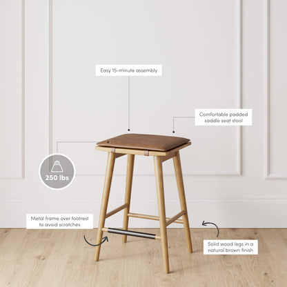 Nathan James Barker Classic Counter Height Wood Barstool with Leather Removable Cushion, Backless Island 24" Bar Stool for Kitchen, Chestnut Brown