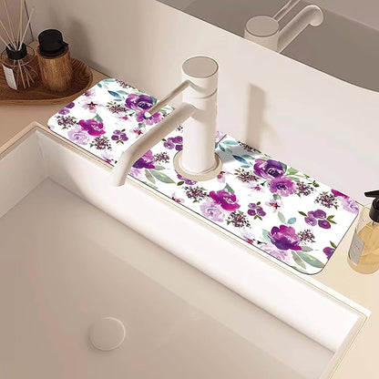 Watercolor Purple Flowers Faucet Absorbing Mat Splash Guard Draining Mat Fast