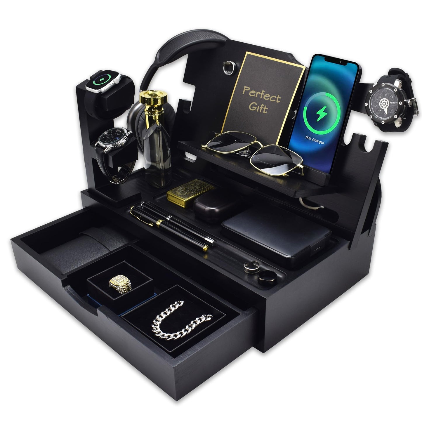 KWYADLUO Nightstand Organizer for Men with Large Drawer, Wood Phone Docking Station for Phone, Apple Watch, Wallet & Keys, Ideal Birthday Gift for Father Husband Wife, Bedside Desk Organizer (Black)