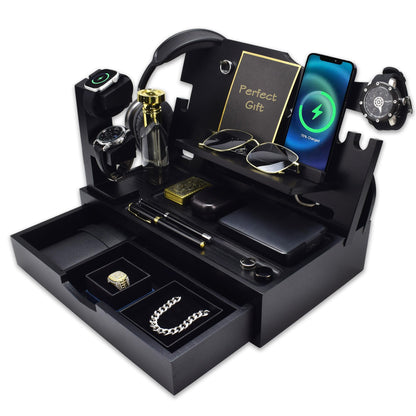 KWYADLUO Nightstand Organizer for Men with Large Drawer, Wood Phone Docking Station for Phone, Apple Watch, Wallet & Keys, Ideal Birthday Gift for Father Husband Wife, Bedside Desk Organizer (Black)