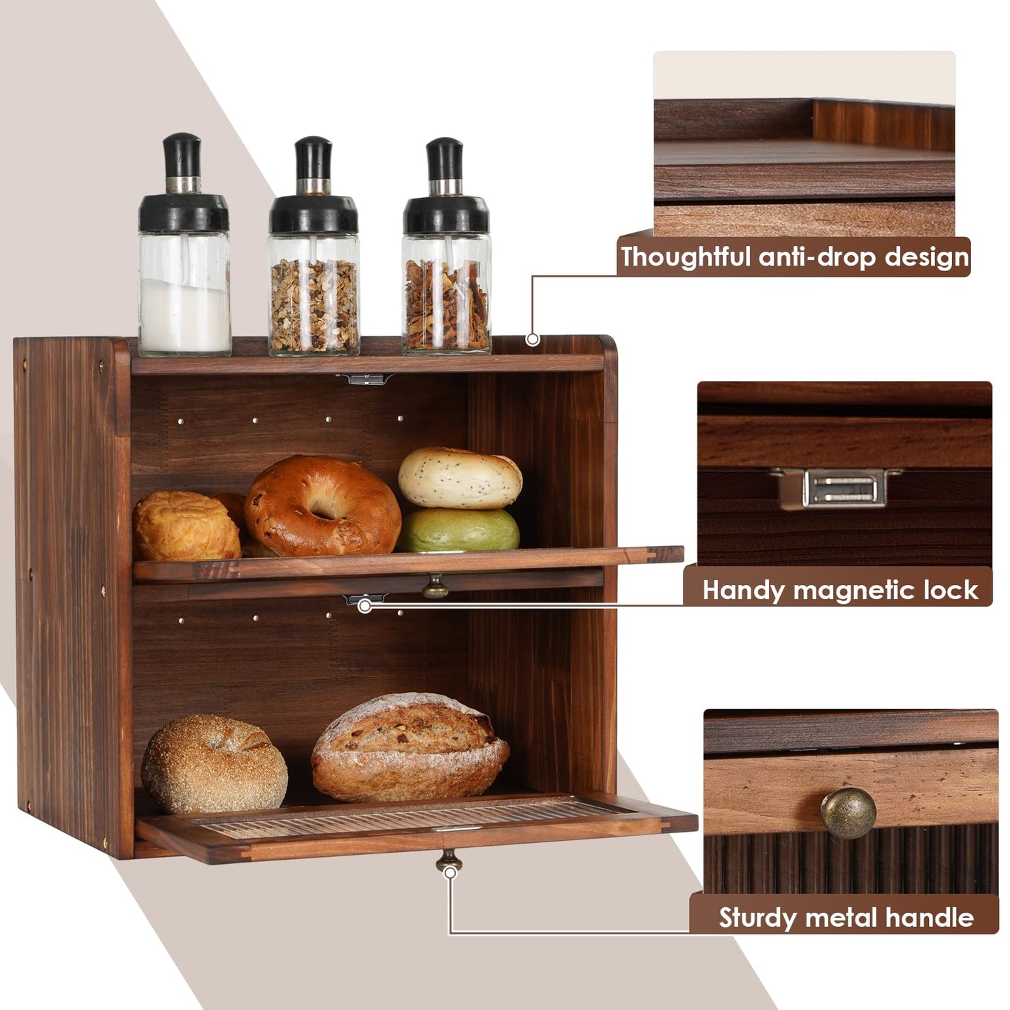 Sunhoo Double Layer Bread Box (L14.4in*W9.4in*H13.4in/Brown) and Single Wooden Bread Storage(L14.37in*W9.25in*H8.66in/Yellow) Rustic Bread Keeper Farmhouse Food Organizer Pantry Shelf Acrylic Window