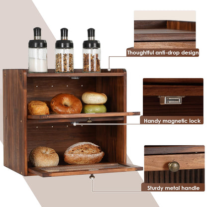 Sunhoo Double Layer Bread Box (L14.4in*W9.4in*H13.4in/Brown) and Single Wooden Bread Storage(L14.37in*W9.25in*H8.66in/Yellow) Rustic Bread Keeper Farmhouse Food Organizer Pantry Shelf Acrylic Window