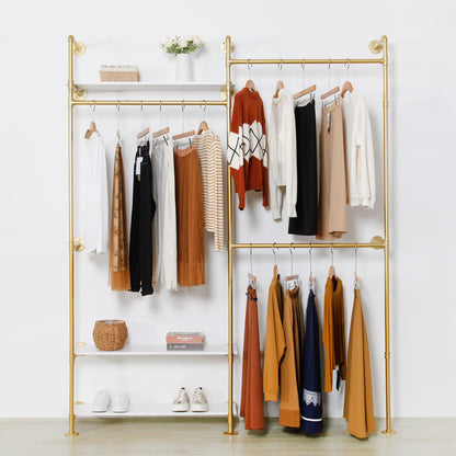 EDCB Heavy Duty Industrial Clothing Rack - 3-Tier Wall Mounted Garment Rack with Wood Shelves, Golden Pipe Closet Storage Organizer for Retail Stores & Bedroom (92.1X76.8inch)