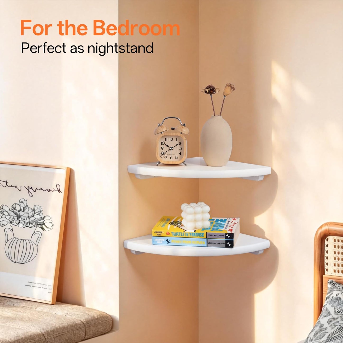 Gieanoo Floating Corner Shelves Set 2 9inch White Solid Oak Rounded Corner Shelves Wall Mounted with Cable Hole Wood Corner Hanging Shelves for Living Room Bedroom Bathroom Kitchen