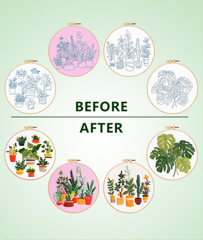 Irosiy 4 Pack Embroidery Kit for Beginners - 4 Cute Plant Pot Patterns, All-Inclusive Starter Set with Pre-Printed Canvas, Hoops - Handmade Home Decor Gift for DIY Craft Lovers