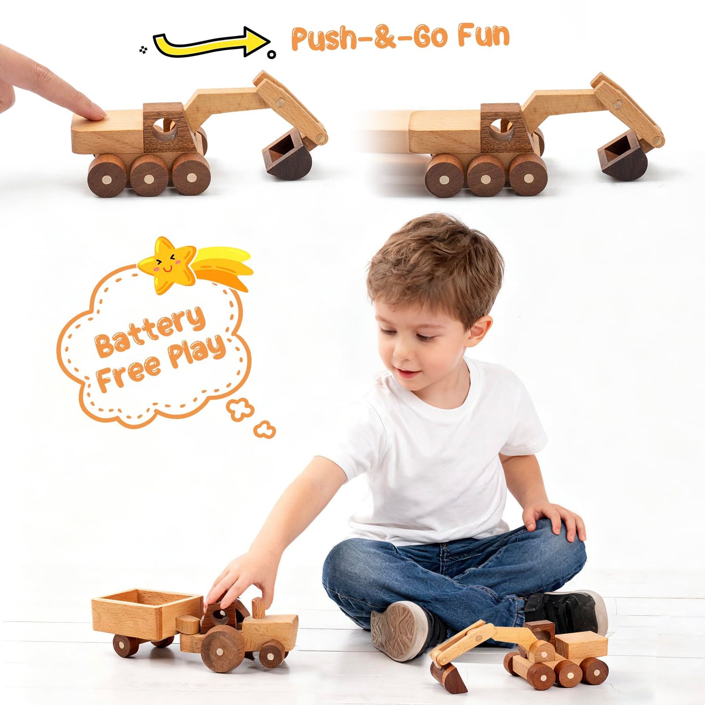 kienvy Wooden Toy Cars for 3 Year Old Boys & Girls - Construction Vehicles Set Push Toys for Toddlers, Wood Montessori Car with Rolling Wheels, Natural Wood Toys (Excavator & Tractor)