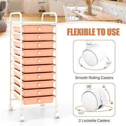 MEDIMALL 10 Drawers Rolling Storage Cart, Multipurpose Craft Storage Cart with Wheels, Mobile Tools Scrapbook Paper Organizer Cart for Office School Home Use