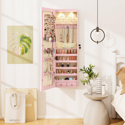 Moccha Wall Door Jewelry Armoire, 47.5" H Full Length Mirrored Jewelry Cabinet with 2 LED Lights and 2 Drawers, Lockable Jewelry Cabinet, Jewelry Organizer Storage for Bedroom, Pink
