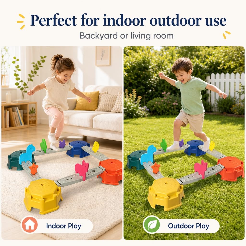 edusense 14 PCS Balance Beam Stepping Stones for Kids 3-12 Years, Non-Slip Balance Blocks Indoor Outdoor, Thickened Plastic Holds 220LBS, No Assembly Required, Promote Coordination & Sensory Play