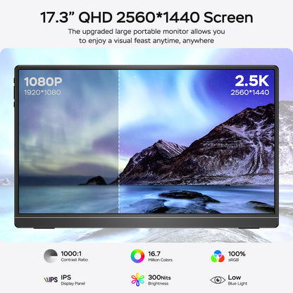 MNN 17.3" 2.5K Portable Monitor 165Hz 2560x1440 QHD, 100% sRGB IPS Gaming Monitor, USB-C & HDMI External Display with Kickstand, Slim Semi-Metal Travel Monitor for Laptop, Phone, PS5, Xbox