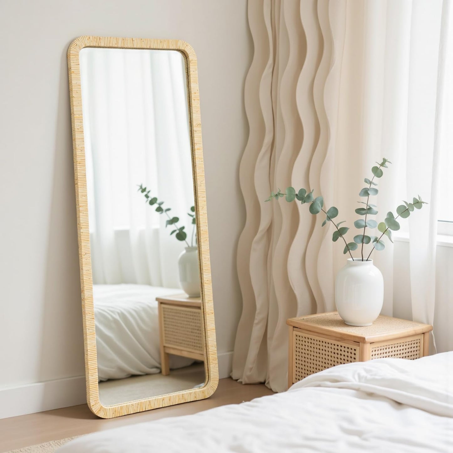 Gumcoly Rattan Mirror 18"x48" Rectangle Long Full Length Mirror Farmhouse Wicker Wooden Framed Full Body Floor Mirror Lean Against Wall for Bathroom Entryway Living Room Bedroom Fireplace Nature