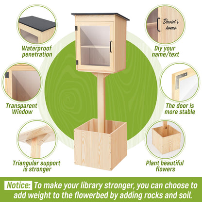 Wonderjune Wooden Little Library Box Outdoor, Weatherproof Double Solid Wood Book Exchange Box with Floor Plugs and Small Flower Fence for Neighborhoods, Community, Literature, School(Natural Wood)