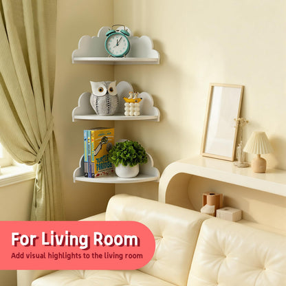 Conamily Cloud Corner Floating Shelves，Set of 3 White Corner Wall Shelf Floating Wooden Cute Wall Mounted Shelves Clouds Dispaly Shelf for Kid’s Room,Toys, Plants & Storage