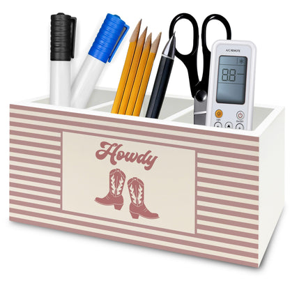 QZQE Pink Western Cowgirl Pen Pencil Holder Organizer for Desk, Pink Striped Howdy Western Boots Wooden Box Signs Decorations for Girls Room Bedroom Desk Tabletop, Cowgirl Gifts for Women