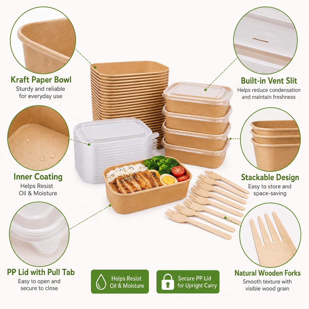 50 Pack 33 oz Disposable Kraft Paper Bowls with PP Lids and Wooden Forks