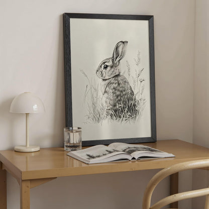 Wild Rabbit Wall Art, 12X16 Inch Black Framed Nature Wildlife Art Poster, Black And White Animal Canvas Print, Farmhouse Wall Decor For Living Room Bedroom Office Ready To Hang