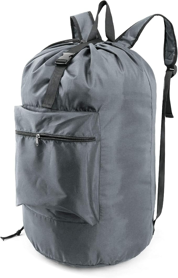 BeeGreen Gray Laundry Backpack w Adjustable Shoulder Straps & Drawstring