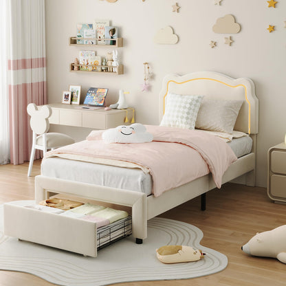 Garvee Twin Bed Frame with LED Upholstered Headboard and Storage Drawer, Kids Princess Velvet Platform Bed with Wooden Slats, No Box Spring Needed, Easy Assembly