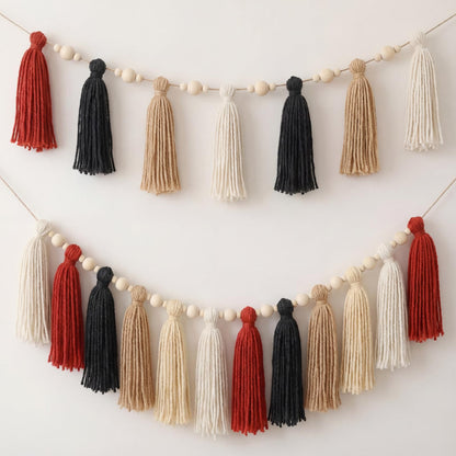 Suncalla 2 Pcs Tassel Garland with Wood Beads, 6.89 ft Handmade Cotton Yarn Wall Hanging Banner Boho Tassel Wall Party Decor for Nursery Baby Shower Classroom Birthday Home Decoration(Retro)