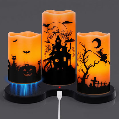 Wondise Halloween Rechargable Flickering Flameless Candles with 6H Timer, Battery Operated LED Real Wax Candles with Charging Base Set of 3 Halloween Home Decoration Gifts(3 x 4 5 6 Inch)