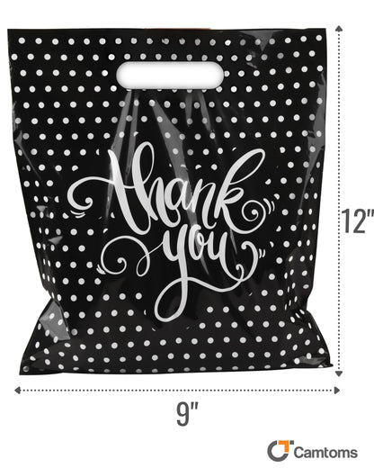Camtoms Small Thank You Bags With Handles (9x12) - Glossy Plastic Retail Merchandise Bags for Jewelry, Boutique Accessories, Party Favors - White Bulk Packaging