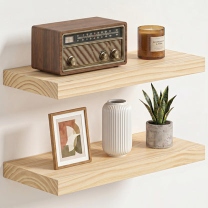Fun Memories Solid Wood Floating Shelves for Wall, Set of 2 – 18 Inch Rustic Farmhouse Wall Shelf, Deep Natural Wood Storage Shelf for Kitchen, Living Room, Bedroom – Natural Clear Finish