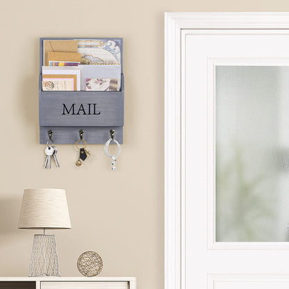 DLQuarts Mail Organizer with Key Holder for Wall Decorative Mail Sorter Wall Mounted, Wooden Mail Holder with 3 Hooks, Gray