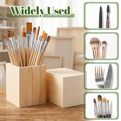 12 Pack Wood Pen Holder Unfinished Pine Wood Pencil Cup for DIY Crafts, Office Desk Organizer, 3 x 3 x 4 Inch Natural Square Wooden Holder for Pens Markers Scissors