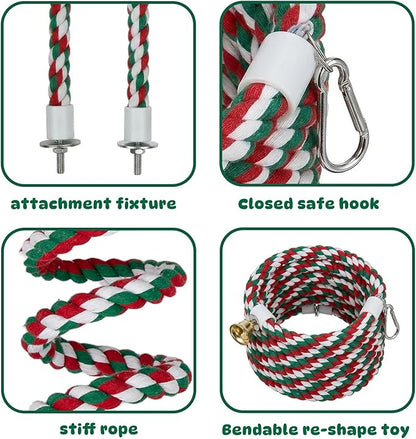 2 Pack Bird Ropes Straight & Spiral Flexible Cotton Rope with Bell Bird Cage Toys for Parakeets Cockatiels Budgies Lovebirds Conures
