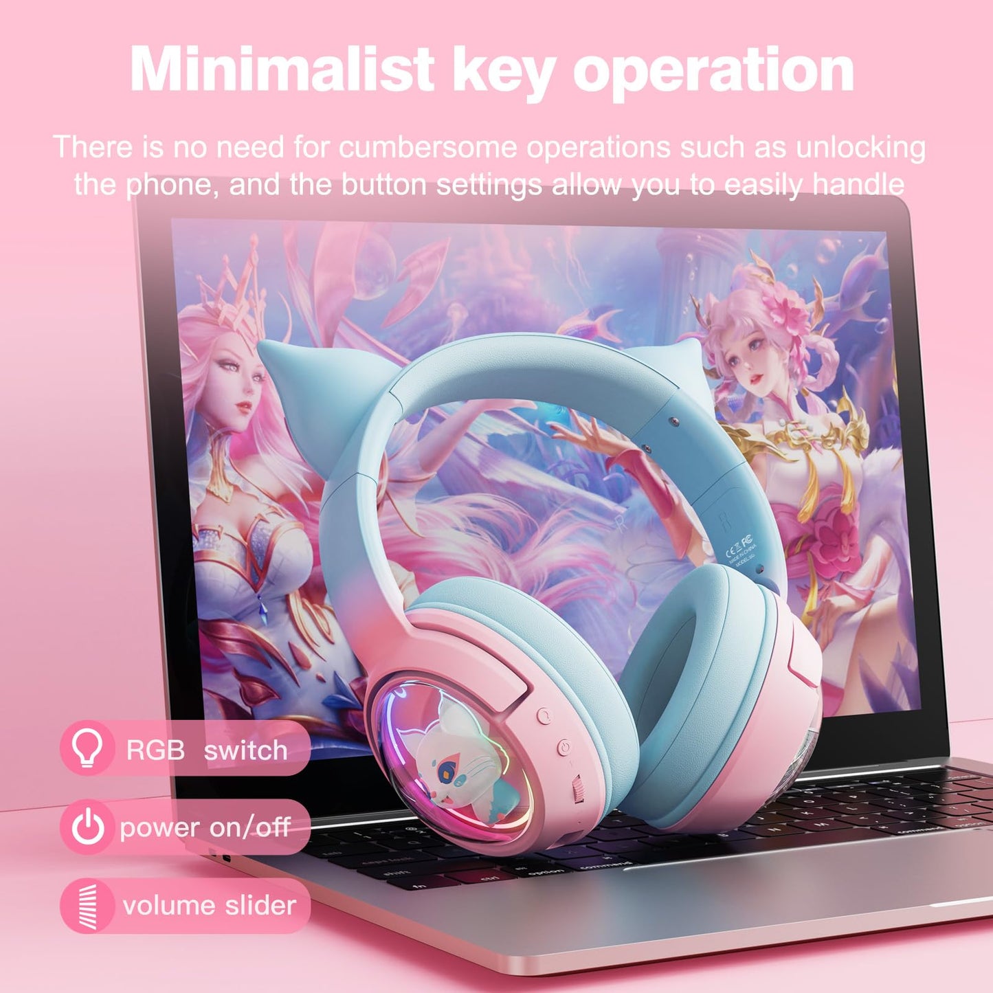 PHNIXGAM Cute Cat Bluetooth Headphones, Wireless & Wired Mode Headset with Mic, RGB LED Light, for Girls Women School Gaming, Compatible with Mobile Phones Tablet (Pink Blue)