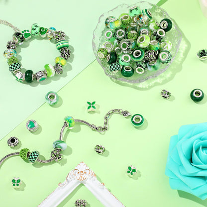Hicarer 80 Pcs Assorted European Large Hole Beads, Spacer Glass Beads Rhinestone Metal Macrame Charms Supplies for DIY Crafts Bracelets Necklaces Jewelry Making(Green)