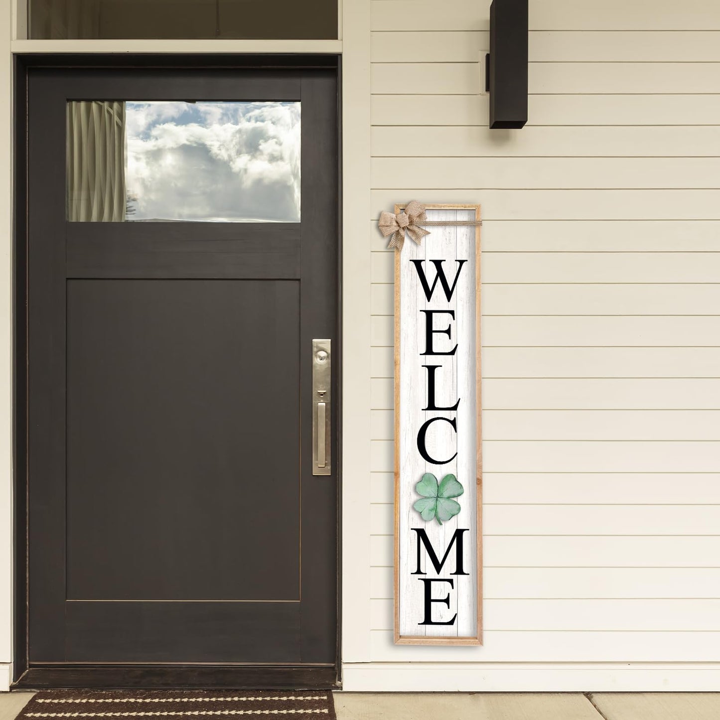 TQianJiang Interchangeable Welcome Sign for Front Porch Standing 45"X9" 12 Pcs Replaceable Signs Vertical Leaner Wood Framed Outdoor Decor (Wood White)