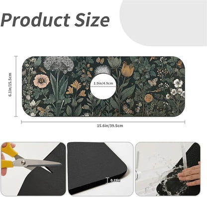 Kitchen Sink Splash Guard，Dark-green black flowers Faucet Mat Sink