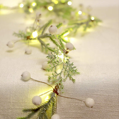 Norfolk Pine String Lights & White Berry 6.5FT & 25LEDs Delicate Christmas Garland with Lights Battery Operated with Remote Ideal for Indoor & Outdoor Decorations Petite Christmas Garland for Mantle