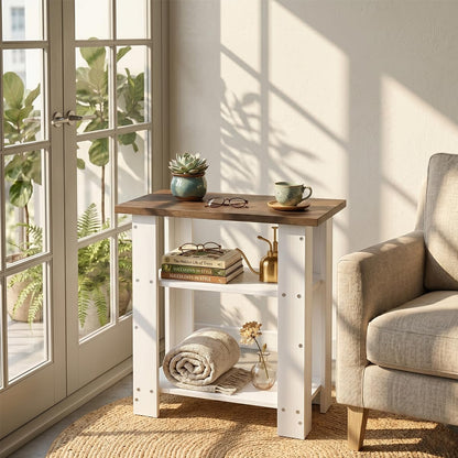 ZEXVIDA White Side Table with Oak Top, 3 Tier Modern Farmhouse End Table, Narrow White Nightstand for Bedroom, Nursery, Living Room, Coastal Small Bedside Table with Storage Shelves, 22.8" H