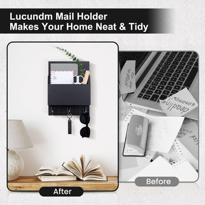 Lucundm Key and Mail Holder for Wall Mount, Entryway Mail Holder with 2 Slot, Key Holder with 3 Sturdy Hooks for Coat, Dog Leash, Decorative Key Rack (8.86”W x 11.42”H x 3”D) (Black)
