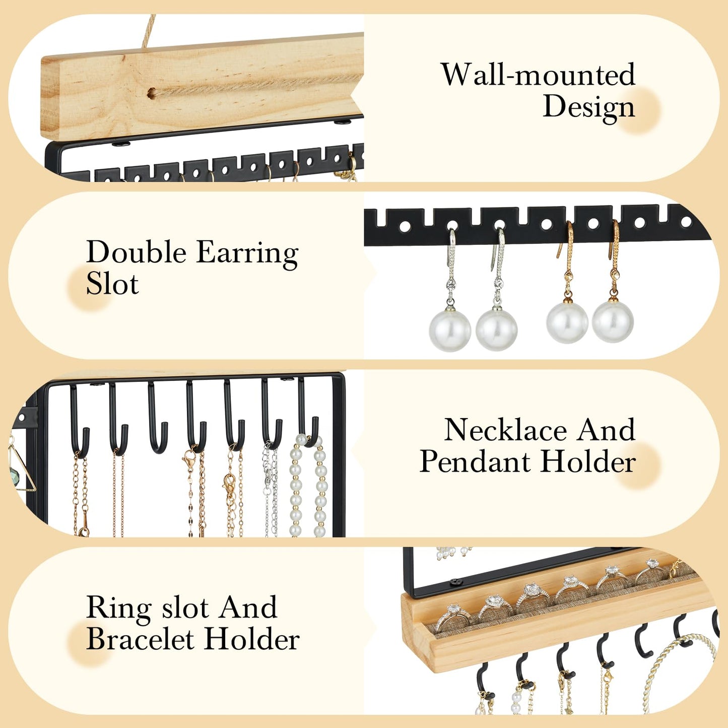 Feyejade Hanging Jewelry Organizer, 5-Tier Wall Earring Holder with Wooden Ring Groove, Jewelry Rack Wall Mounted for Earrings, Necklaces, Bracelets and Rings, Jewelry Holder Stand, Black