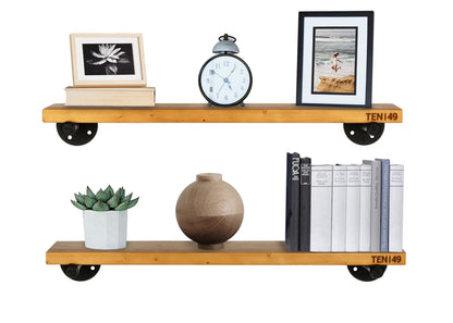 TEN49 Real Wood Rustic Floating Shelves Wall - 24 Wide Small Wooden Industrial Pipe Shelving - Farmhouse Pipe Wall Shelves Furniture Bathroom Decor Art Shelf Kitchen - Light Walnut Color - Set of 2