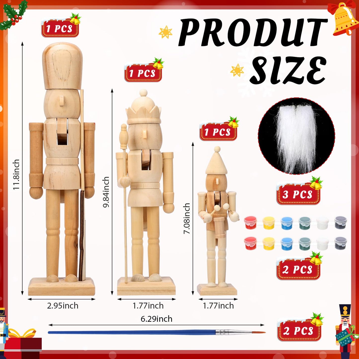 Vercraft 3 Set Unfinished Nutcracker Wooden Unpainted Nutcrackers Christmas Plain Paint Your Own Nutcracker Figurines Craft Kit Ornaments with Paint and Brush for Xmas Holiday Decoration