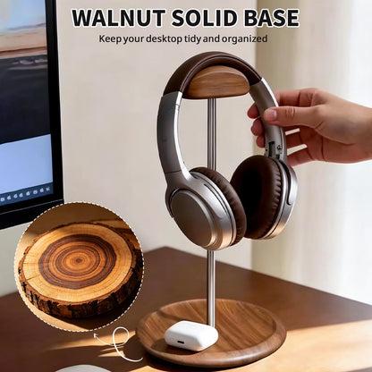 Oxmidud Headset Stand for Desk, Walnut Wood ＆ Stainless Steel Universal Wooden Headphone Holder with Storage Base, Gaming Equipment Accessories, Desk Organizer, Gifts for Gamers Men Boyfriend