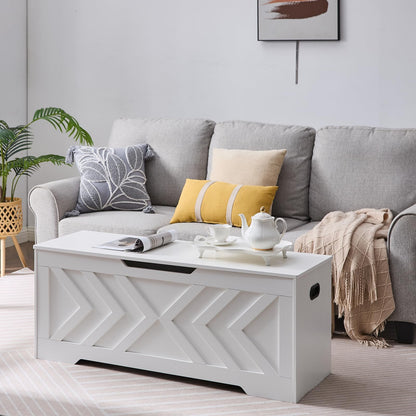 XDliv 47.2” Storage Bench,Extra Large Wooden Storage Chest with 2 Safety Hinges,entryway Bench,Blanket Storage,Shoe Storage Bench for Entryway,Bedroom,Living Room,Easy Assembly. (White, 47.2x15.7x19)