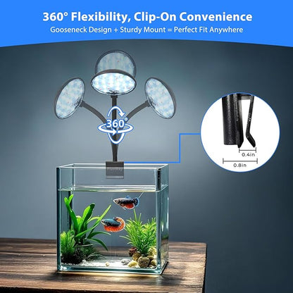 Mini Clip-On Aquarium Light 7W USB Dimmable Fish Tank Lamp with 3 Light Modes (White/RGB/Full Spectrum), 9-Level Brightness, 360° Adjustable Gooseneck for 1–3 Gallon Tanks