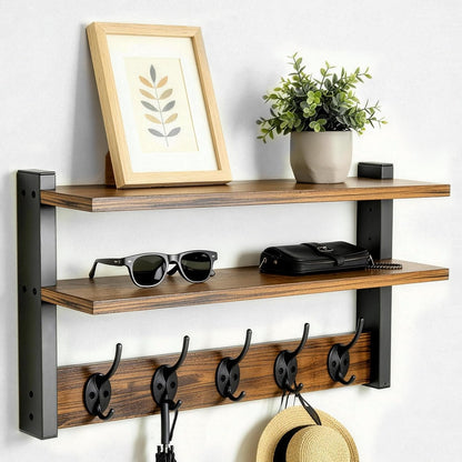 FOMAYKO Wall Hooks with Doubel Wood Shelves, 17 Inch Coat Hooks with Shelf, Wall-Mounted, Entryway Hanging Shelf with 5 Metal Hooks for Clothes Hats Towel Purse, Bathroom Bedroom, Rustic Brown Black
