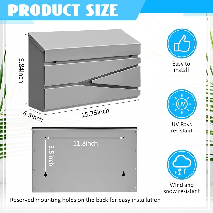 Yaocom Wall Mount Mailbox Large Capacity Mailbox for Outside Galvanized Steel Rustproof Metal Mail Drop Post Modern Collection Box Postbox 15.75" x 9.84" x 4.33", No Key Locking (Grey,No Flag)