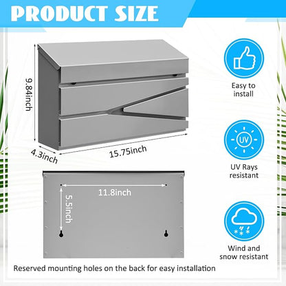 Yaocom Wall Mount Mailbox Large Capacity Mailbox for Outside Galvanized Steel Rustproof Metal Mail Drop Post Modern Collection Box Postbox 15.75" x 9.84" x 4.33", No Key Locking (Grey,No Flag)