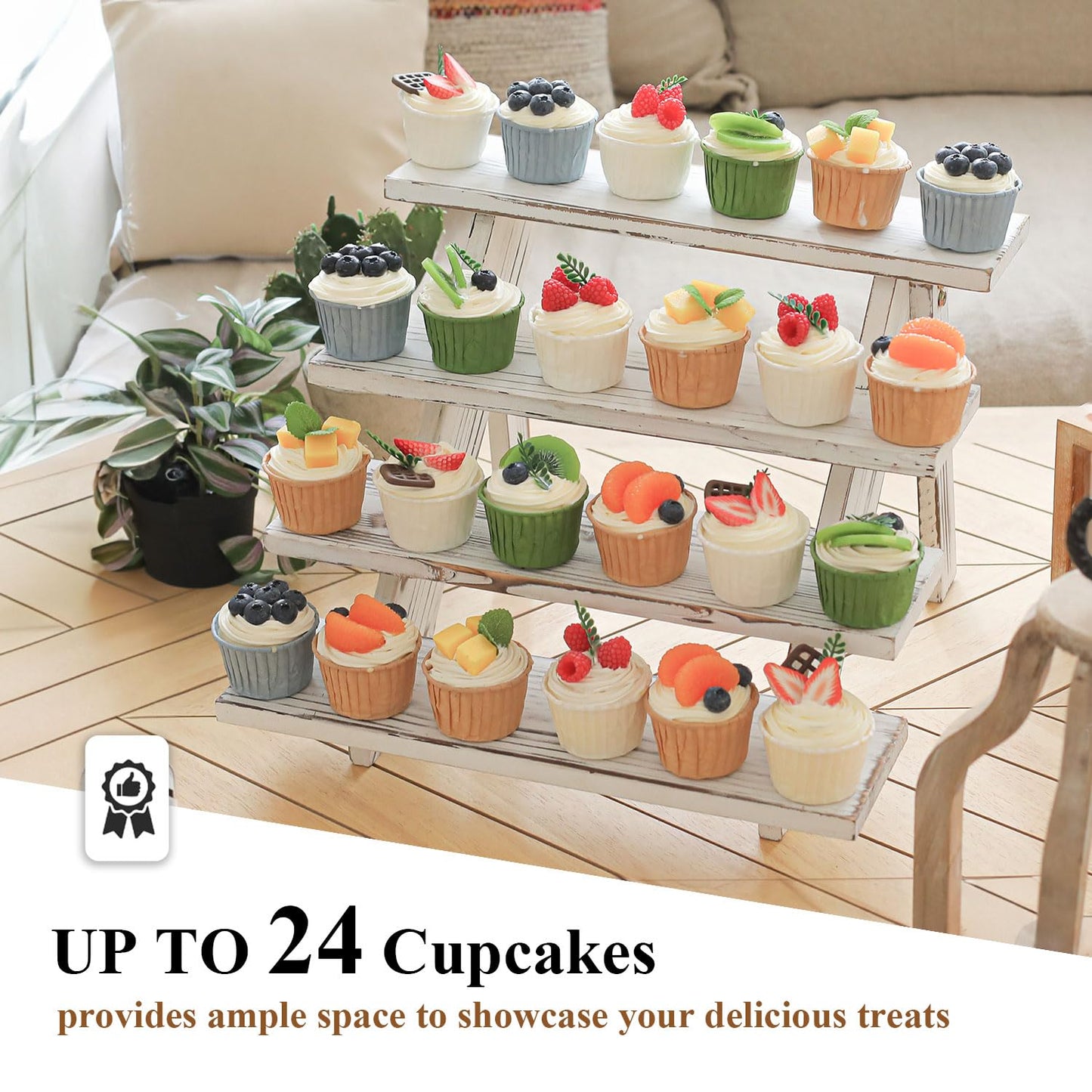 SwallowLiving Wooden Rustic Cupcake Stand for 24 Cupcakes, Stepped Wood Display Stand for Weddings, Tiered Party Table Display Riser for Food , Dessert, Cookie, Decor, Craft Show, White