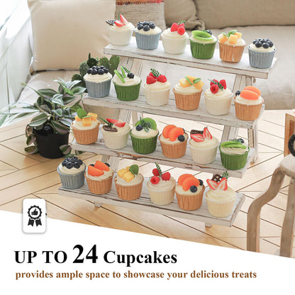 SwallowLiving Wooden Rustic Cupcake Stand for 24 Cupcakes, Stepped Wood Display Stand for Weddings, Tiered Party Table Display Riser for Food , Dessert, Cookie, Decor, Craft Show, White